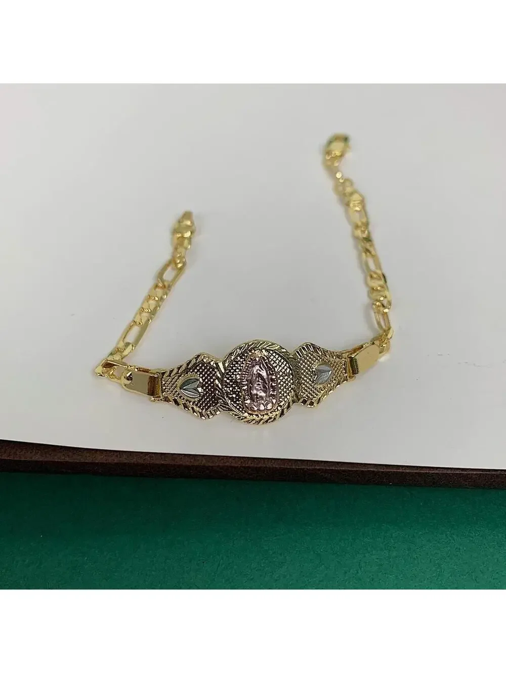 Vintage Y2k Style Gold Saint Marry Heart Pink Cuban Link Figaro Bracelet. 8 inch